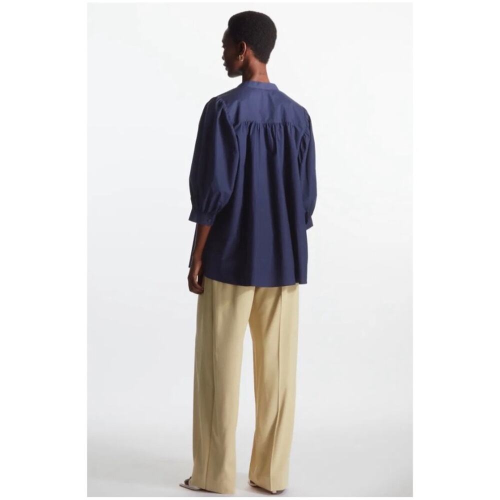 COS Women’s Sz 4 Navy Blue Gathered Puff Sleeve Blouse Stretch Cotton Top - Picture 2 of 15